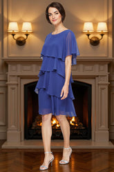 Dreamyannie Royal Blue Chiffon Boat Neck Tiered Knee Length Mother Of The Bride Dress