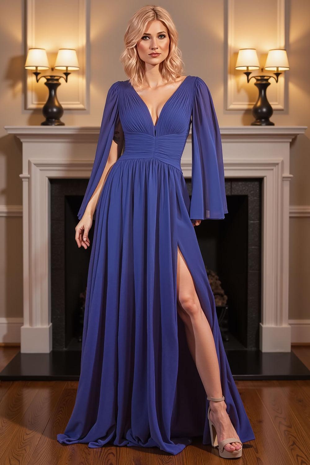 Dreamyannie Royal Blue Chiffon Deep V Neck Floor Length Mother Of The Bride Dress With Slit