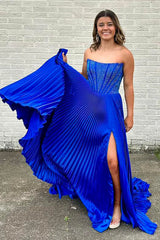 Dreamyannie Royal Blue Prom Dress A-Line Beaded Pleated Long Evening Dress With Slit