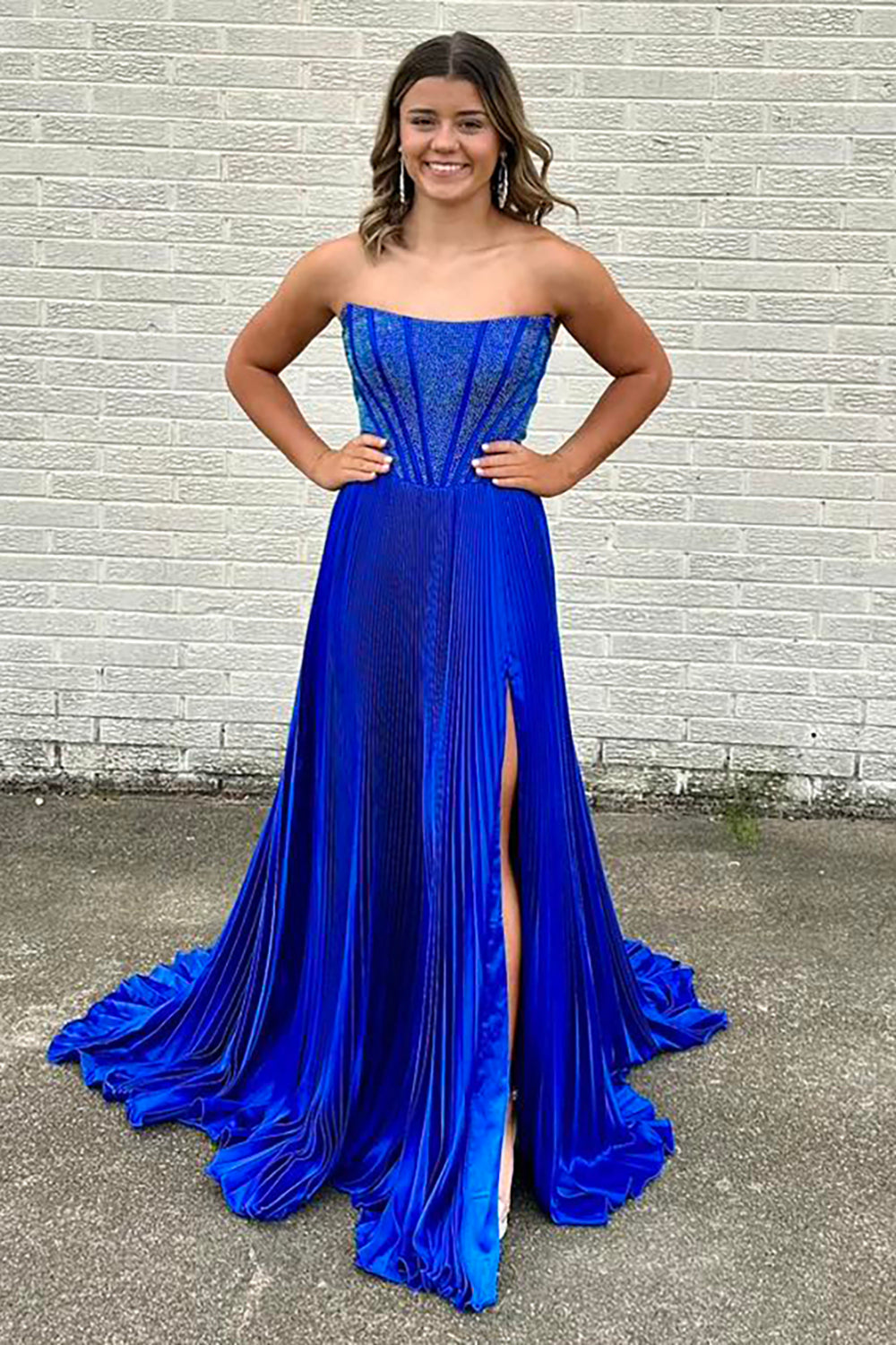 Dreamyannie Royal Blue Prom Dress A-Line Beaded Pleated Long Evening Dress With Slit