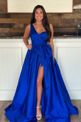 Dreamyannie Royal Blue Prom Dress A-Line One Shoulder Long Evening Dress With Slit