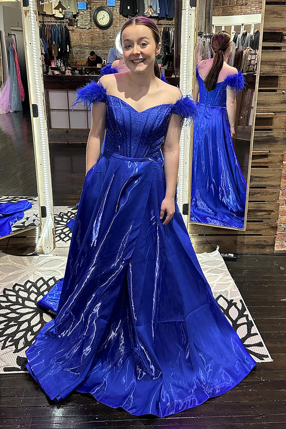 Dreamyannie Royal Blue Prom Dress Corset A Line Long Evening Dress With Feathers
