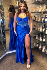 Dreamyannie Royal Blue Prom Dress Corset Beaded Side Cape Long Evening Dress With Slit
