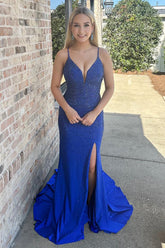Dreamyannie Royal Blue Prom Dress Long Spaghetti Straps Evening Dress With Slit
