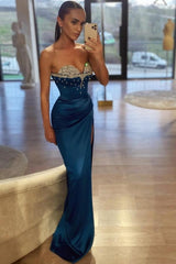 Dreamyannie Royal Blue Prom Dress Mermaid Sweetheart Beaded Sleeveless Satin Slit Formal Dress