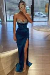 Dreamyannie Royal Blue Prom Dress Mermaid Sweetheart Beaded Sleeveless Satin Slit Formal Dress