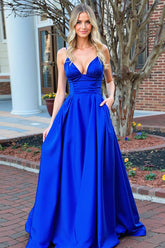 Dreamyannie Royal Blue Prom Dress Satin A Line Lace-Up Back Formal Dress
