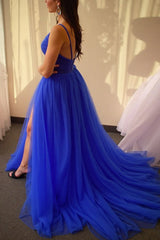 Dreamyannie Royal Blue Prom Dress Spaghetti Straps Tulle Formal Dress With Slit