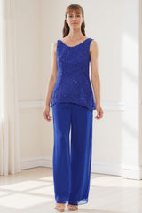 Dreamyannie Royal Blue Ruffled Chiffon 3 Piece Mother Of The Bride Pant Suits With Jacket
