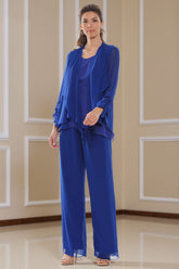 Dreamyannie Royal Blue Ruffled Chiffon 3 Piece Mother Of The Bride Pant Suits With Jacket