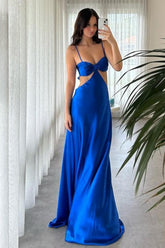Dreamyannie Royal Blue Satin Cutout Prom Dress With Bow Bodice Spaghetti Straps Formal Evening Gown