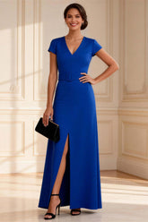 Dreamyannie Royal Blue Sheath V Neck Long Mother Of The Bride Dress With Slit