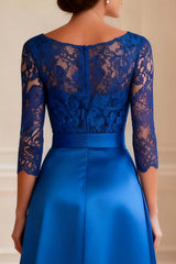 Dreamyannie Royal Blue V Neck Satin Long Mother Of The Bride Dress With Belt