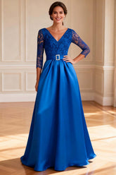 Dreamyannie Royal Blue V Neck Satin Long Mother Of The Bride Dress With Belt