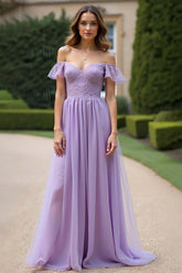 Dreamyannie Ruched A Line Tulle Lilac Long Formal Dress
