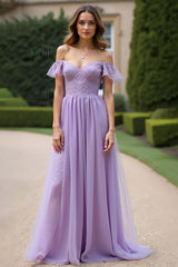 Dreamyannie Ruched A Line Tulle Lilac Long Formal Dress