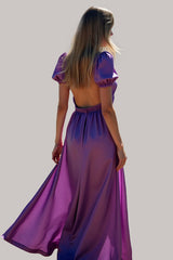 Dreamyannie Ruched Long Backless Purple Wedding Guest Dress Formal Dress With Puff Sleeves