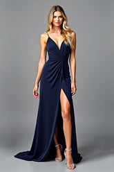 Dreamyannie Ruched Navy Wedding Guest Dress V-Neck Long Formal Dress With Slit
