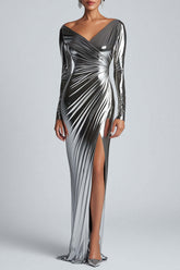 Dreamyannie Ruched Sheath Silver Metallic Satin Formal Dress With Slit