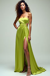 Dreamyannie Ruched Square Neck Lemon Green Wedding Guest Dress Long Formal Dress With Slit