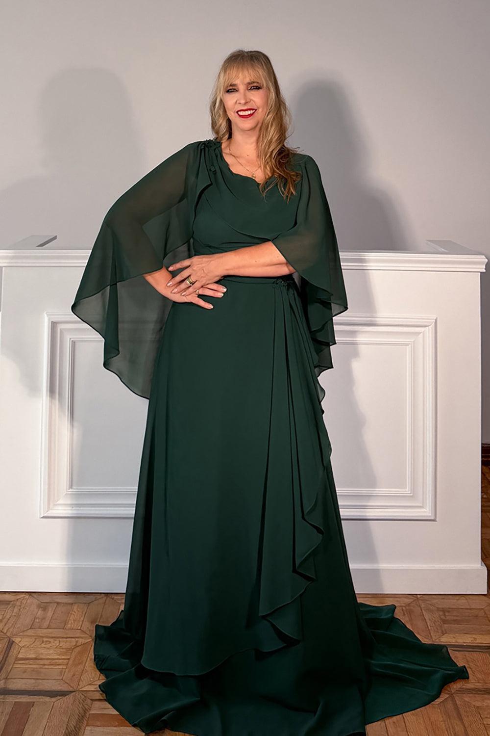 Dreamyannie Ruffled Dark Green Chiffon A Line Long Mother Of The Bride Dress With Sleeves