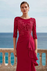 Dreamyannie Ruffled Dark Red Appliqued Long Mother Of The Bride Dress With Slit