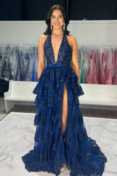 Dreamyannie Ruffled Navy Prom Dress Halter Long Evening Dress With Slit