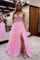 Dreamyannie Ruffled Pink Prom Dress Corset Evening Dress With Slit