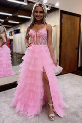 Dreamyannie Ruffled Pink Prom Dress Corset Evening Dress With Slit