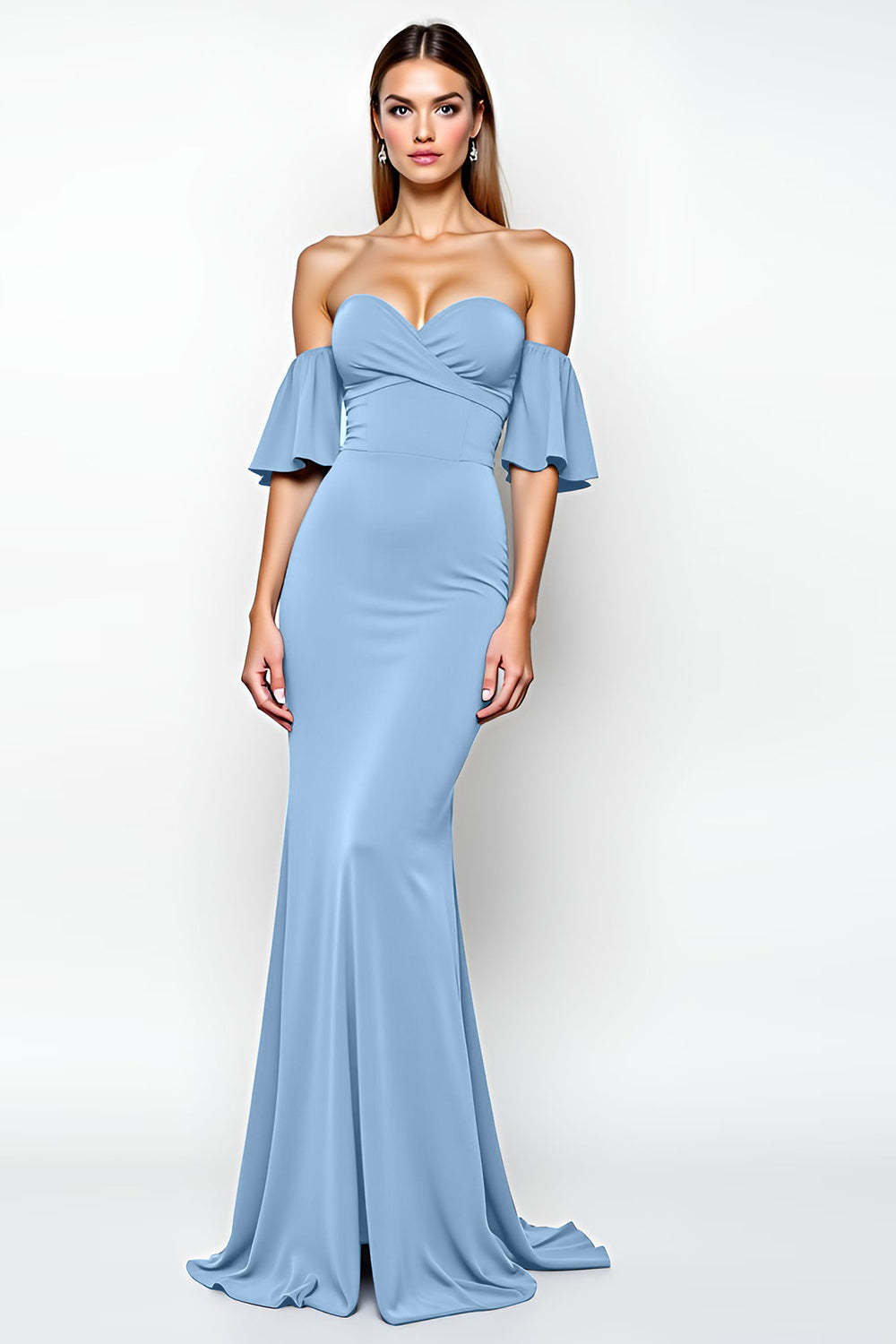 Dreamyannie Ruffled Sheath Dusty Blue Wedding Guest Dress Long Formal Dress