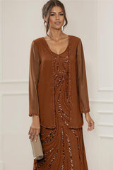 Dreamyannie Rust Chiffon V Neck Floor Length 2 Piece Mother Of The Bride Dress With Jacket