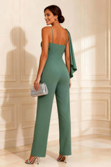 Dreamyannie Sage Green Asymmetrical Neck Chiffon Long Mother Of The Bride Jumpsuits With Streamer