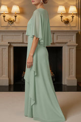 Dreamyannie Sage Green Chiffon Sheath 2 Piece Floor Length Mother Of The Bride Dress With Cape