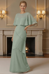 Dreamyannie Sage Green Chiffon Sheath 2 Piece Floor Length Mother Of The Bride Dress With Cape