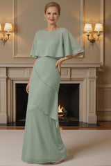 Dreamyannie Sage Green Chiffon Sheath 2 Piece Floor Length Mother Of The Bride Dress With Cape
