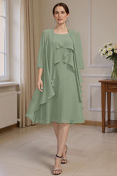 Dreamyannie Sage Green Ruffled A Line 2 Piece Knee Length Mother Of The Bride Dress With Jacket