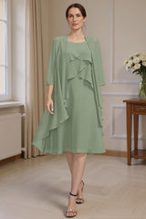 Dreamyannie Sage Green Ruffled A Line 2 Piece Knee Length Mother Of The Bride Dress With Jacket