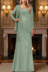 Dreamyannie Sage Green Sequins 2 Piece Floor Length Mother Of The Bride Dress With Jacket