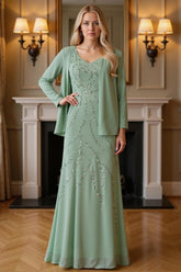Dreamyannie Sage Green Sequins 2 Piece Floor Length Mother Of The Bride Dress With Jacket
