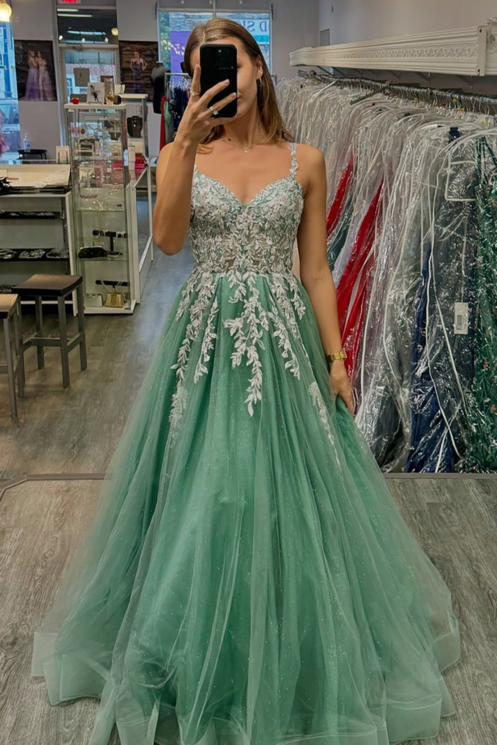 Dreamyannie Sage Prom Dress Floral A-Line Spaghetti Straps Long Evening Dress