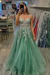 Dreamyannie Sage Prom Dress Floral A-Line Spaghetti Straps Long Evening Dress