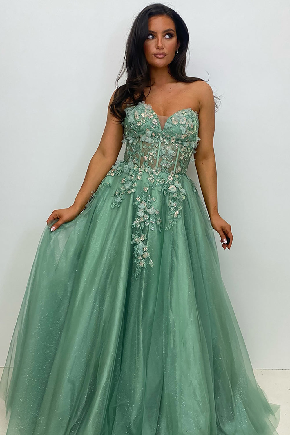 Dreamyannie Sage Prom Dress Floral A-Line Sweetheart Corset Long Evening Dress
