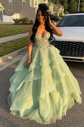 Dreamyannie Sage Prom Dress Floral Tiered Ruffles A-Line Sweetheart Corset Long Formal Dress