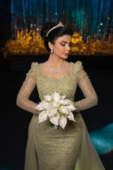 Dreamyannie Sage Prom Dress Mermaid Square Sleeves Sequined Panel Train Tulle Formal Dress With Rhinestones