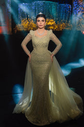 Dreamyannie Sage Prom Dress Mermaid Square Sleeves Sequined Panel Train Tulle Formal Dress With Rhinestones
