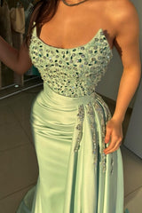 Dreamyannie Sage Prom Dress Mermaid Strapless Beading Jewel Sleeveless Evening Dress