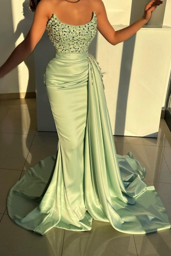 Dreamyannie Sage Prom Dress Mermaid Strapless Beading Jewel Sleeveless Evening Dress