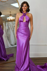 Dreamyannie Sage Prom Dress Satin Cross Halter Mermaid Formal Dress