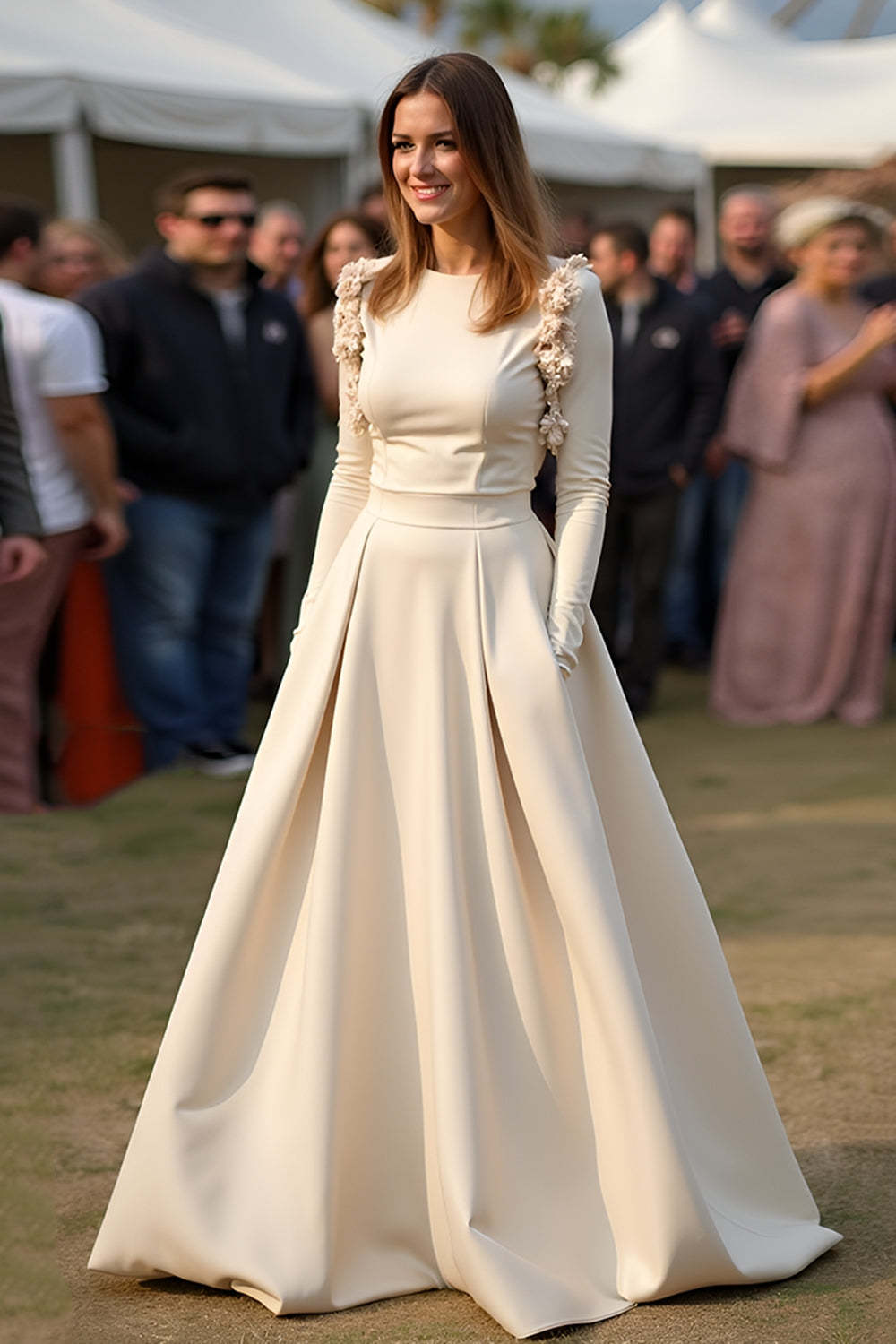 Dreamyannie Satin A Line Apricot Wedding Guest Dress Gala Dress With Long Sleeves
