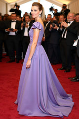 Dreamyannie Satin A Line Elegant V-Neck Purple Wedding Guest Dress Gala Dress With Flying Sleeves